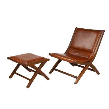 Set of 2 Traditional Teak Wood Accent Chairs with Ottoman Brown - Olivia & May
