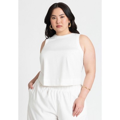 ELOQUII Women's Plus Size Linen-Blend Boxy Scoop Neck Crop Tank