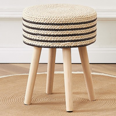 KTMBDW Round Ottoman Footstool Natural Seagrass Foot Stool Pouf Ottomans with Solid Wood Legs for Living Room Balcony Garden , Natural