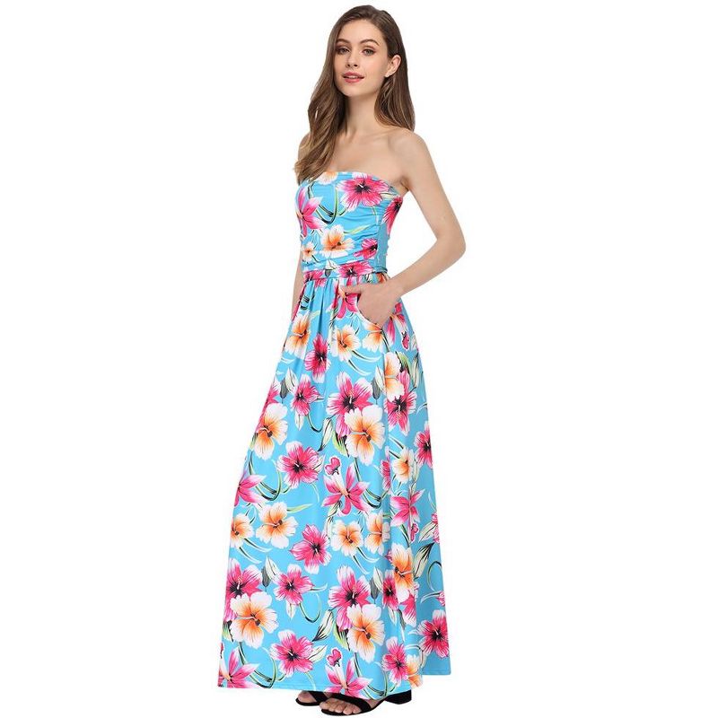 Women Strapless Floral Print Bohemian Boho Maxi Dress Casual Off Shoulder Beach Party Dress with Pockets, 2 of 6