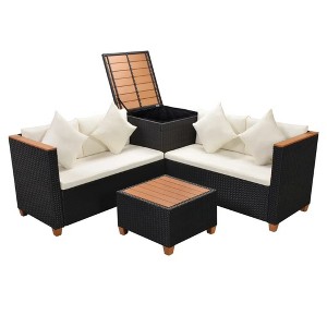 vidaXL 4 Piece Lounge Set - Poly Rattan Patio Furniture with Cushions and Storage Box, Perfect for Garden/Patio, Black and Cream White - 1 of 4