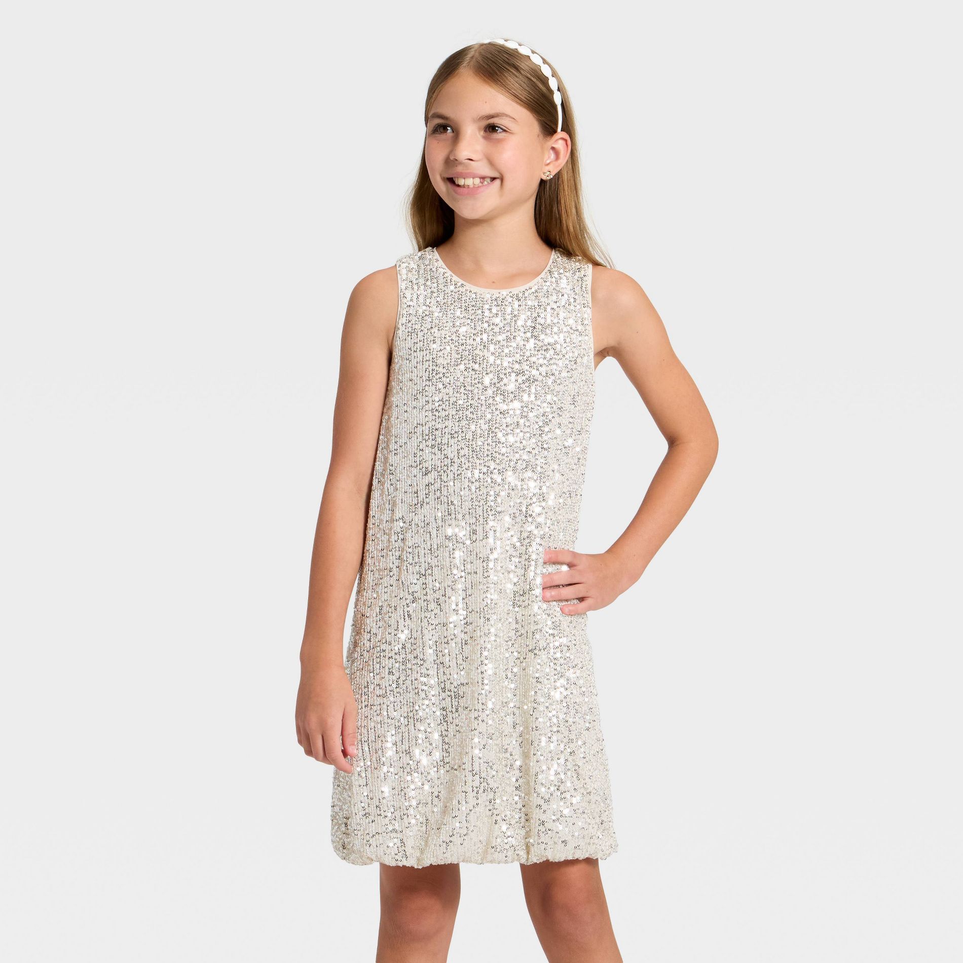 Girls' Sequin Bubble Hem Dress - Cat & Jack™ Light Silver