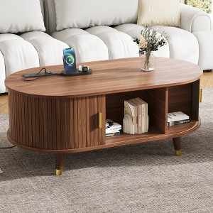 PAGED Modern Oval Fluted Design Coffee Table with Sliding Door & Charging Station,Farmhouse Storage Cabinet Center Table for Living Room - 1 of 4