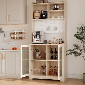 71" Tall Sideboard Buffet Cabinet with Hutch - 6-Tier Pantry Cabinet with 2 Glass Doors, Pegboard, Microwave Shelf, Open Shelves, Coffee Bar Station - 1 of 4