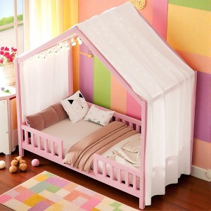 Mshliw Montessori Floor Bed with Canopy and Sheer Curtains, Twin/Full Wooden House Bed Frame,Toddler Bed with Railings, Kids Platform Bed with Roof - 1 of 4