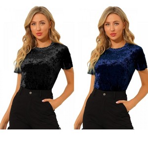 INSPIRE CHIC Women's Velvet Crew Neck Short Sleeve Casual Blouse 2 Packs - 1 of 4