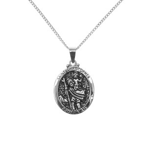 Dicksons Saint Christopher Protect Us Engraved Pendant 18 Inch Oval Silver Plated Neckace in Jewelry Box with Prayer Card - 1 of 4