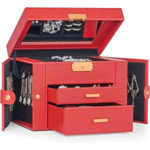Leather Jewelry Box with Mirror & Lock, 3-Tier Organizer with 2 Drawers for Necklaces & Bracelets - 1 of 4