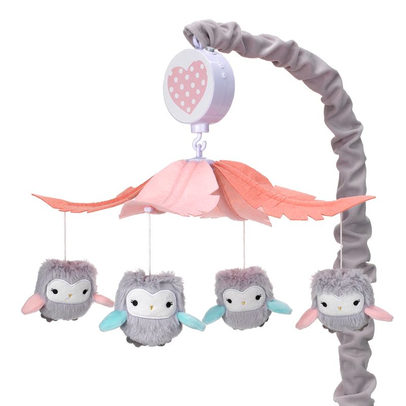 Lambs & Ivy Sweet Owl Dreams Gray/Pink Musical Baby Crib Mobile Soother Toy, 1 of 6