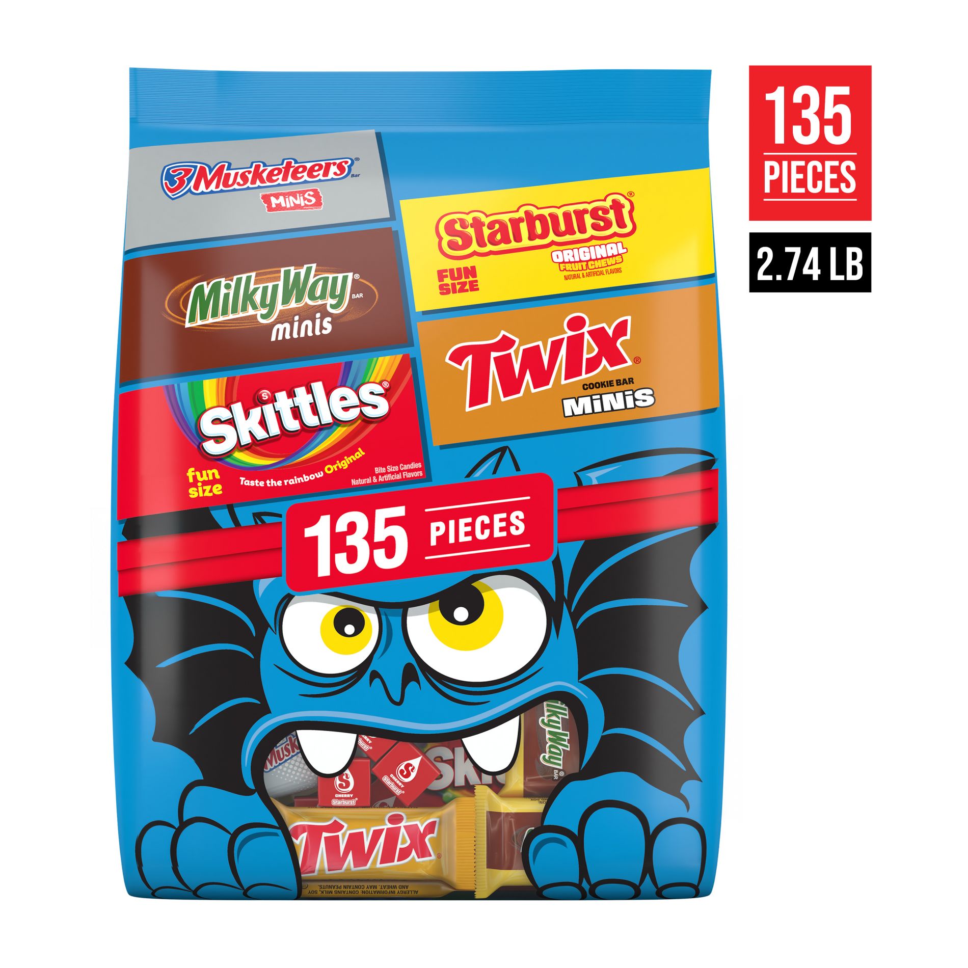 Mars - Skittles, Twix, Starburst, Milky Way & 3 Musketeers Chocolate and Fruity Trick or Treat Halloween Candy Variety Bag - 43.86oz/135ct