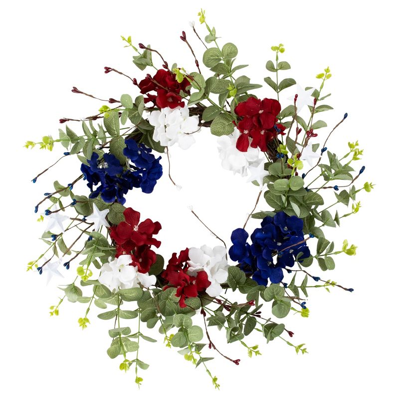 Northlight Red, white and Blue Hydrangea and Eucalyptus Patriotic Artificial Wreath, 1 of 8