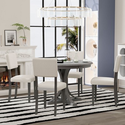 Oversart 5-Piece Retro Round Dining Table Set with Curved Trestle Style Table Legs and 4 Upholstered Chairs for Dining Room (Dark Gray)