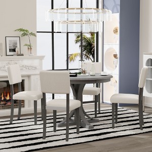 Oversart 5-Piece Retro Round Dining Table Set with Curved Trestle Style Table Legs and 4 Upholstered Chairs for Dining Room (Dark Gray) - 1 of 4
