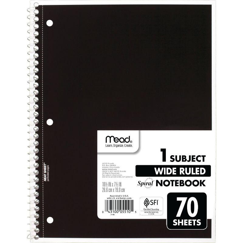 Mead Spiral 1 Subject Notebook, Wide Ruled, 70 Sheets Per Book, Pack of 6, 5 of 8