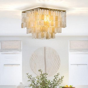 ALOADECOR 3-Light Coastal Natural Capiz Shell Tiered Flush Mount Ceiling Light With Square Antique Gold Frame - 1 of 4