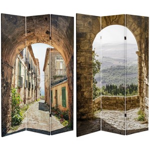 6" Double Sided European Village Canvas Room Divider Green - Oriental Furniture: No Assembly, Spruce Wood Frame - 1 of 4