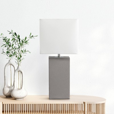 Gray Leather Table Lamp with White Fabric Shade
