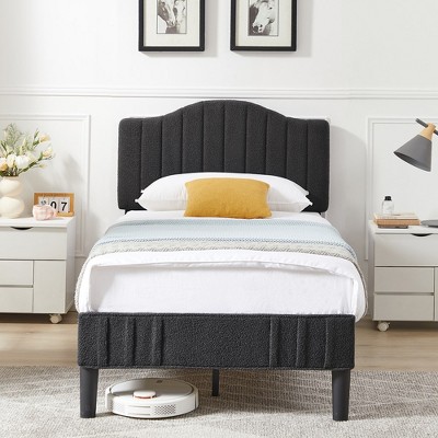 VECELO Bed Frame, Upholstered Platform Bed with Sheepskin Fabric Adjustable Headboard
