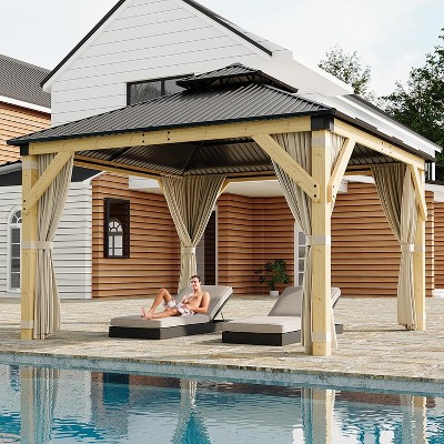 10 x 12 Ft Wood Gazebo with Nettings and Curtains for Backyard, Patio