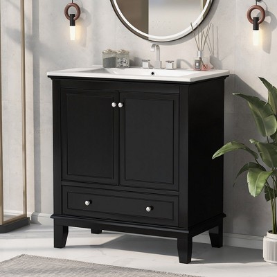 30" Bathroom Vanity Sink Set , Freestanding Vanity Ceramic Sink Combo Storage Cabinet With Doors, Drawer And Adjustable Shelves