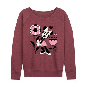 Women's - Disney - Minnie Mouse with Flowers & Butterflies Lightweight French Terry Wide Neck Long Sleeve Shirt - 1 of 4