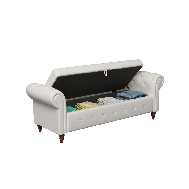 Cecily 63" Button-Tufted Large Storage Ottoman Upholstered Fabric Bench features rolled arms, window seating, and solid wood legs-Maison Boucle, 5 of 8