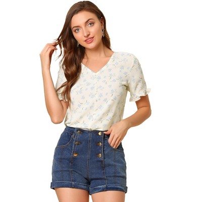 Allegra K Women's Button V Neck Full Placket Short Sleeve Floral Top