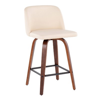 Set of 2 Walnut Wood and Beige Swivel Counter Stools
