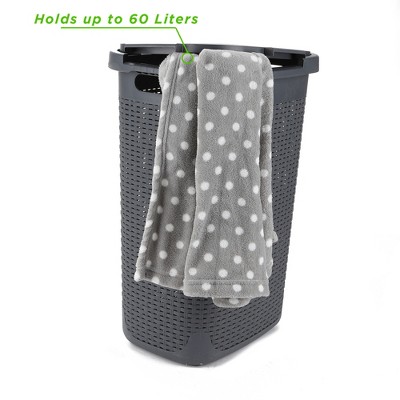 Gray Plastic Wicker Laundry Hamper with Lid and Wheels