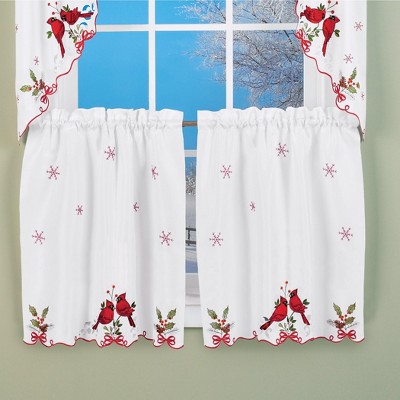 Red and White Polyester Lace Detail Kitchen Tier Curtains