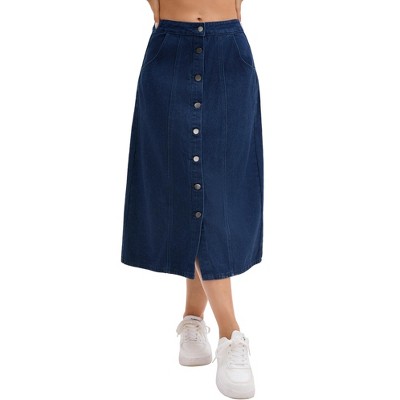 INSPIRE CHIC Women's Denim Button Down Front Slit High Waisted Pockets A Line Midi Skirts