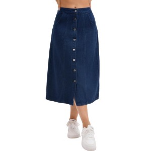INSPIRE CHIC Women's Denim Button Down Front Slit High Waisted Pockets A Line Midi Skirts - 1 of 4