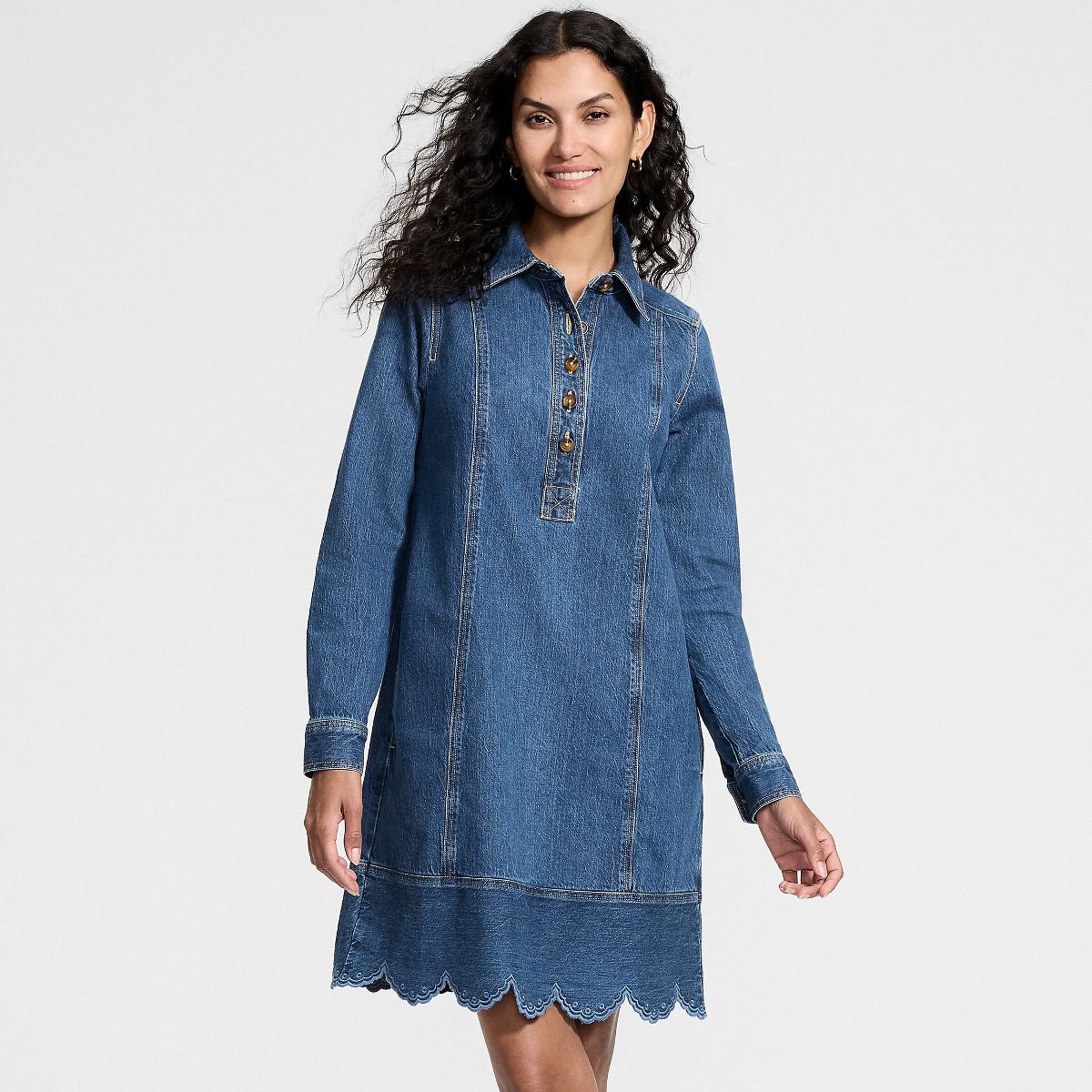 Lands' End Women's Light Weight Denim Popover At the Knee Dress - thumbnail 6