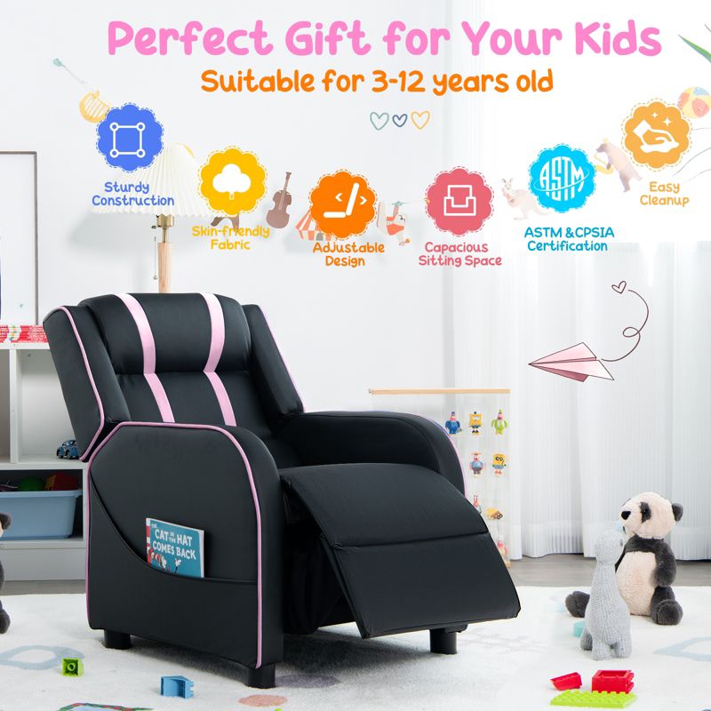 Infans Kids Recliner Chair Ergonomic Leather Sofa Armchair w/Footrest Side Pocket Pink, 5 of 8