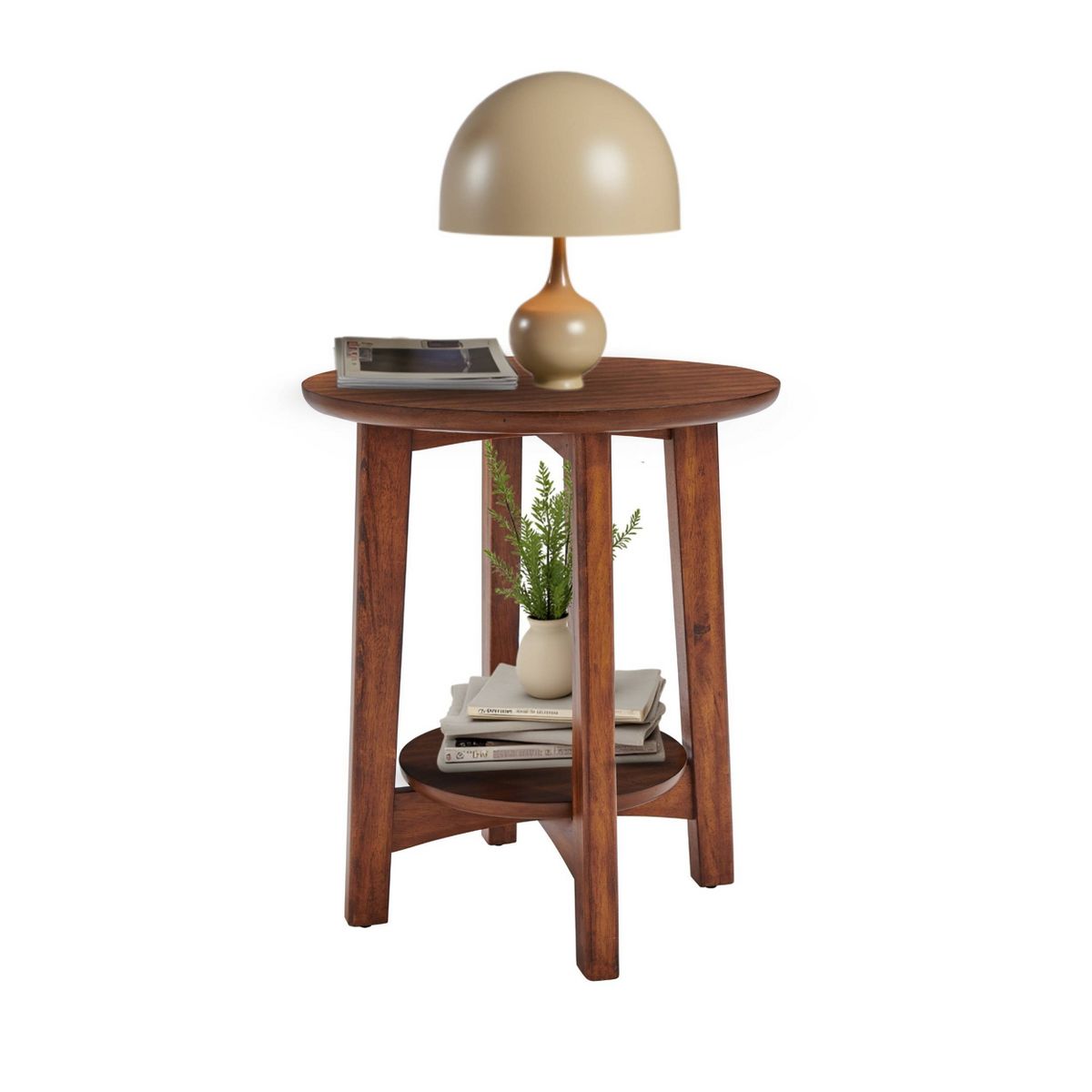 Monterey Round Mid Century Modern Wood End Table Chestnut - Alaterre Furniture: Tapered Legs, Floating Shelf