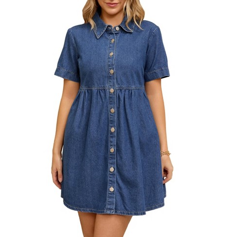 INSPIRE CHIC Women's Denim Short Sleeve Button Down Turndown Collar Babydoll Mini Shirt Dresses - image 1 of 4