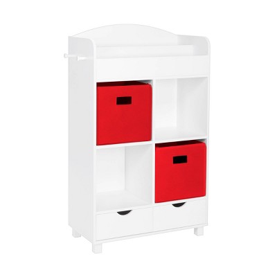 RiverRidge Kids' Book Nook Cubby Toy Storage Cabinet with Bookshelf, Drawers, and Hooks White with 2 Fabric Bins