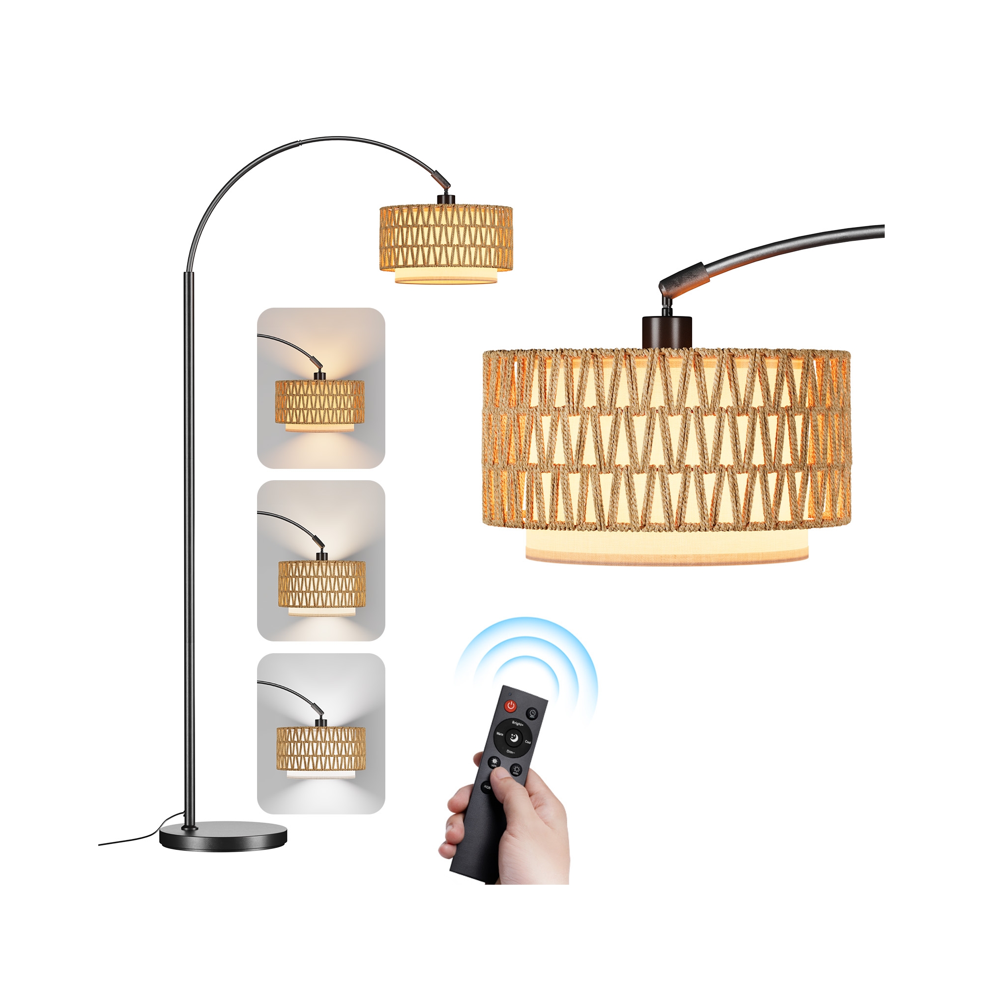 Arc Floor Lamp with Remote, Dimmable Standing Lamp with Rattan Shade & LED Bulb