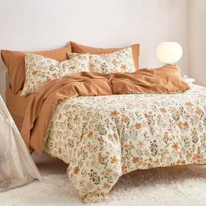 BAGOKIE Twin Size 5 Pieces Kids Bed in a Bag Floral Bedding Set for Girls, Orange Cream - 1 of 4