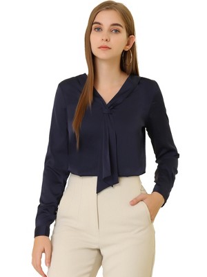 Allegra K Women's Satin Tie Neck Long Sleeve Solid Color Elegant Office Shirt