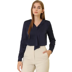 Allegra K Women's Satin Tie Neck Long Sleeve Solid Color Elegant Office Shirt - 1 of 4