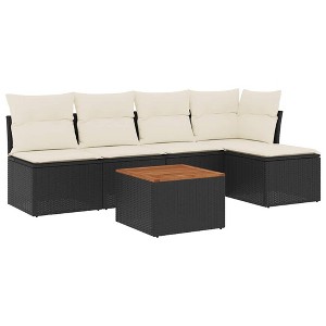 vidaXL 6 Piece Patio Sofa Set with Cushions Black Poly Rattan - Black and Cream - 1 of 4