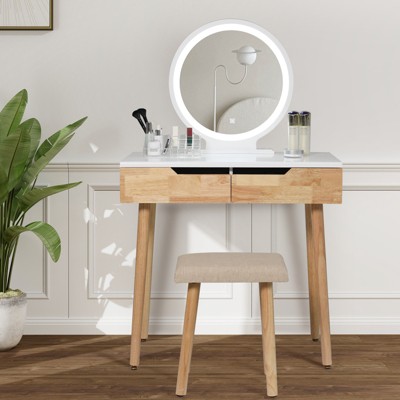 ELECWISH 31.5" Wood Vanity Desk with LED Mirror, Stool & Acrylic Organizer - Adjustable Lighting, 2 Drawers, Soft-Padded Seat