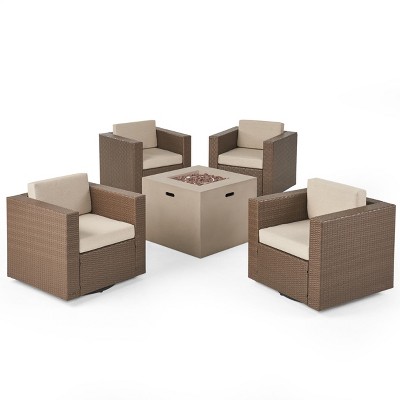 Christopher Knight Home Puerta Outdoor Wicker 5 Piece Swivel Club Chair and Fire Pit Set with Cushions