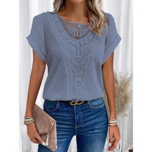 Women's Casual Summer Tops Scoop Neck Short Sleeve Waffle Knit Hollow Out Shirts Loose Tunic Tops Blouses - 1 of 2