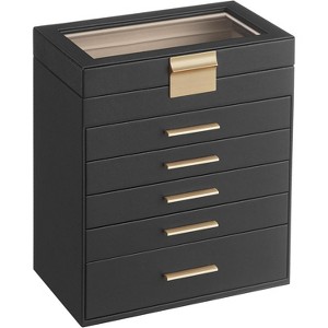 Glass Lid Jewelry Box 3 Layers 2 Drawers Modern White and Gold Finish Storage Organizer Display Case - 1 of 4