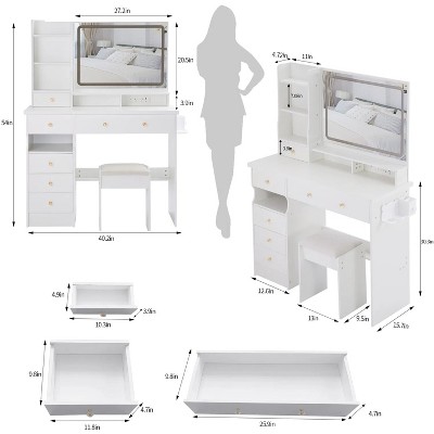 41" Large Size Left Bedside Cabinet Vanity Table+Cushioned Stool Dresser Set, 2 AC+2 USB Power Station, Hair Dryer Stand