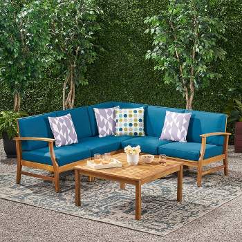 Perla 6pc Acacia Wood Patio Chat Set - Blue - Christopher Knight Home