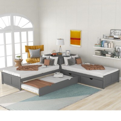 Twin Size L-Shaped Platform Bed with Trundle and Drawers Linked with Built-in Desk, Gray - ModernLuxe