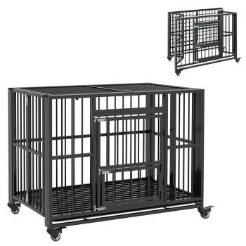 PawHut 43" Heavy Duty Dog Crate, Steel Foldable Dog Crate with 4 Lockable Wheels, Openable Top, Removable Trays for Medium and Large Dogs, Black